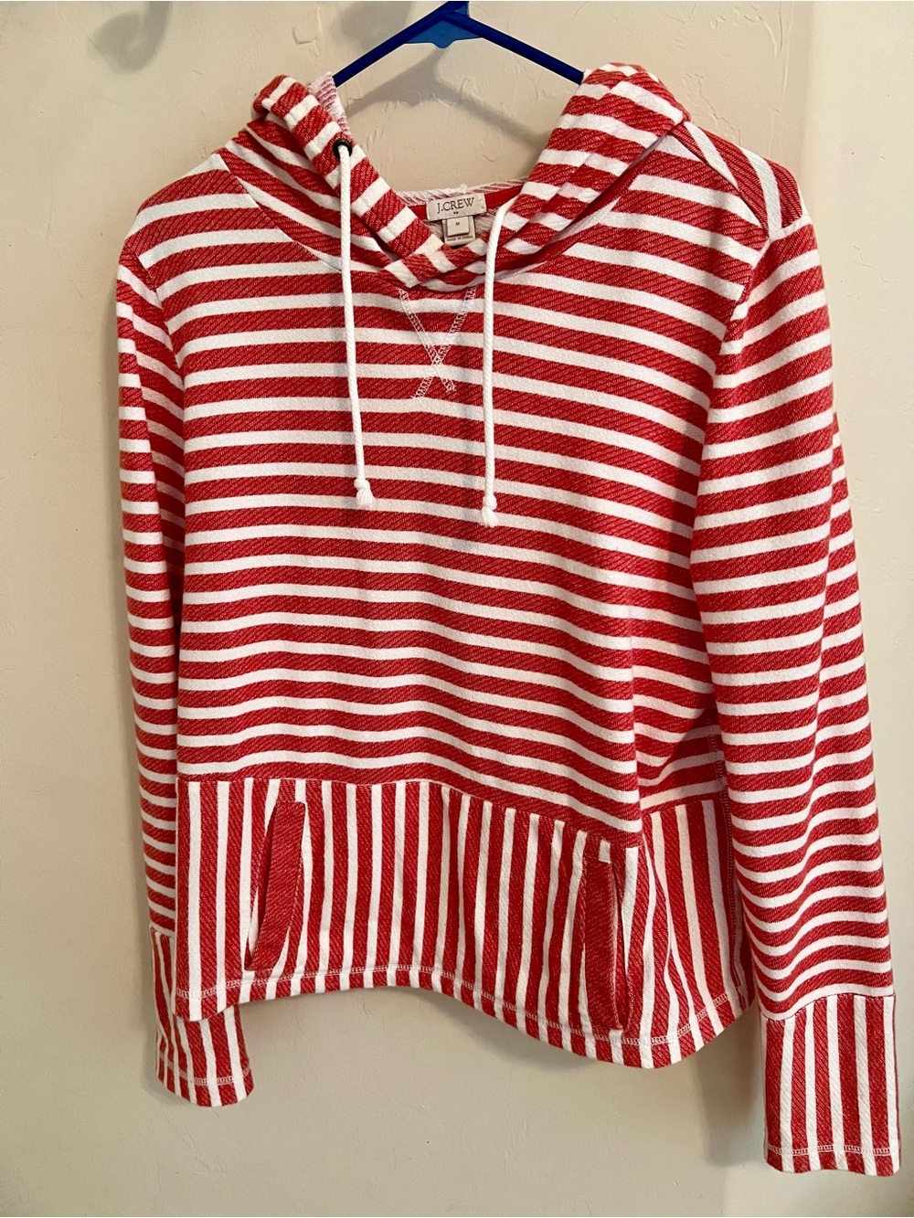 J. Crew Red and White Striped Hooded Pullover Sweater